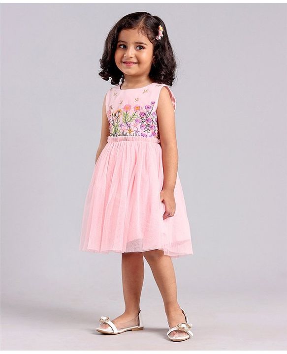 Babyhug Sleeveless Party Frock with Floral Embroidery - Light Pink