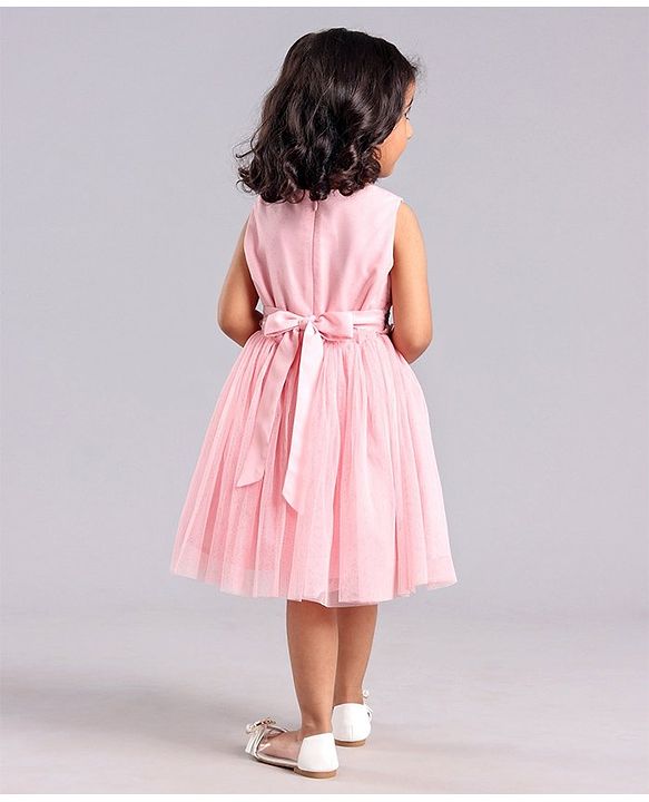 Babyhug Sleeveless Party Frock with Floral Embroidery - Light Pink
