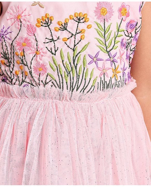 Babyhug Sleeveless Party Frock with Floral Embroidery - Light Pink