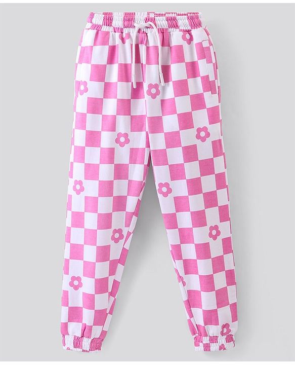 Pine Kids Cotton Full Length Lounge Pants Cubical Print- Pink