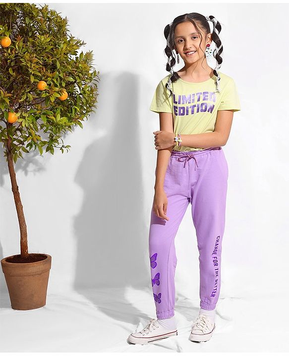 Pine Kids 100% Cotton Knit Full Length Bio Washed Lounge Pant With HD & Foil Print - Purple