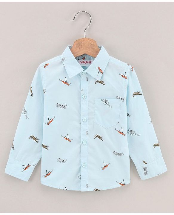Babyhug Full Sleeves Party Shirt With Bow & Suspender Helicopter Print - Light Blue