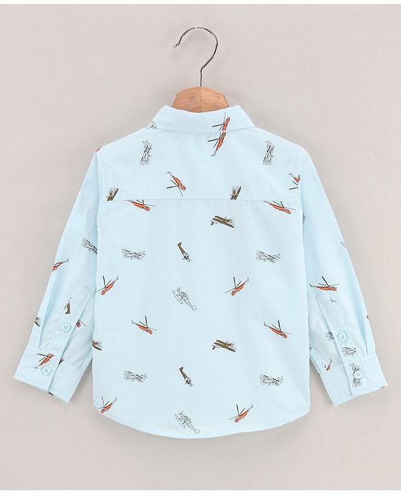 Babyhug Full Sleeves Party Shirt With Bow & Suspender Helicopter Print - Light Blue