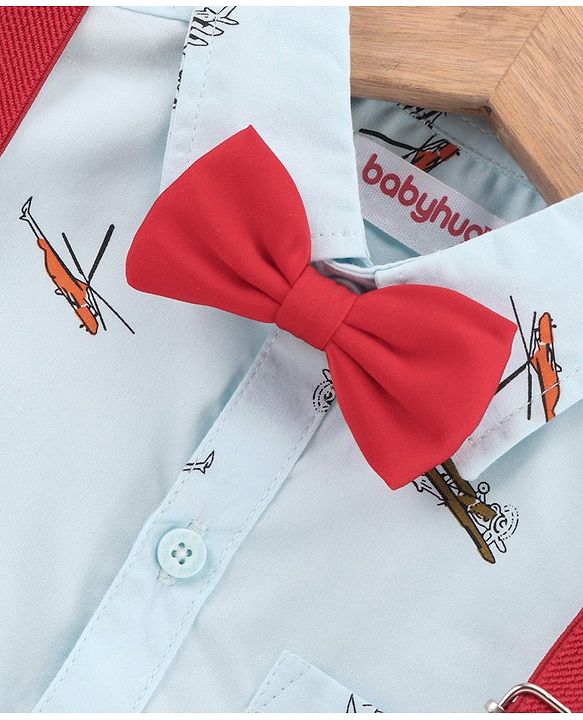 Babyhug Full Sleeves Party Shirt With Bow & Suspender Helicopter Print - Light Blue