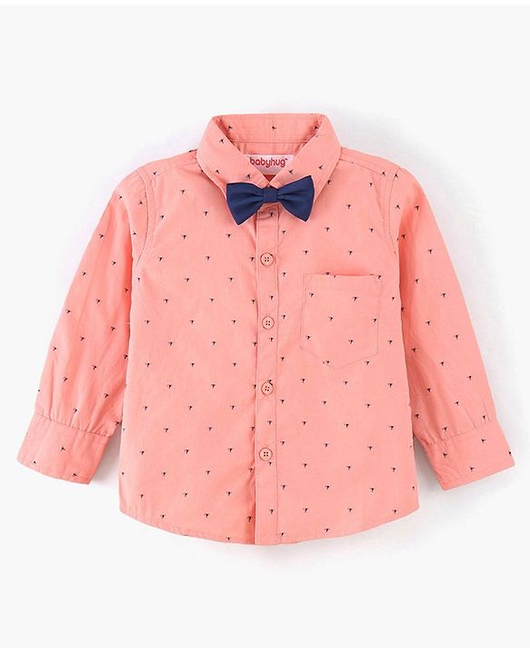 Babyhug Full Sleeves Party Wear Shirt With Bow Trophy Print - Peach