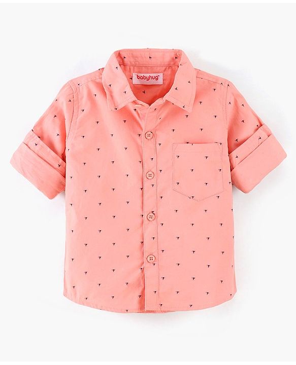 Babyhug Full Sleeves Party Wear Shirt With Bow Trophy Print - Peach