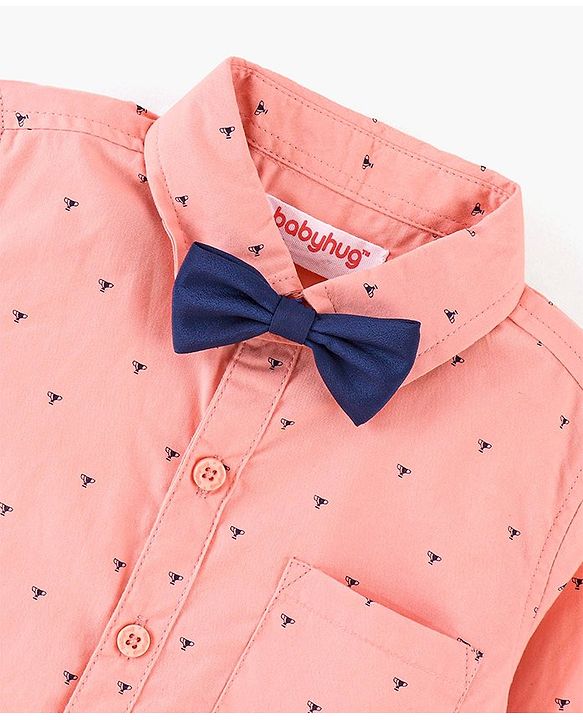Babyhug Full Sleeves Party Wear Shirt With Bow Trophy Print - Peach