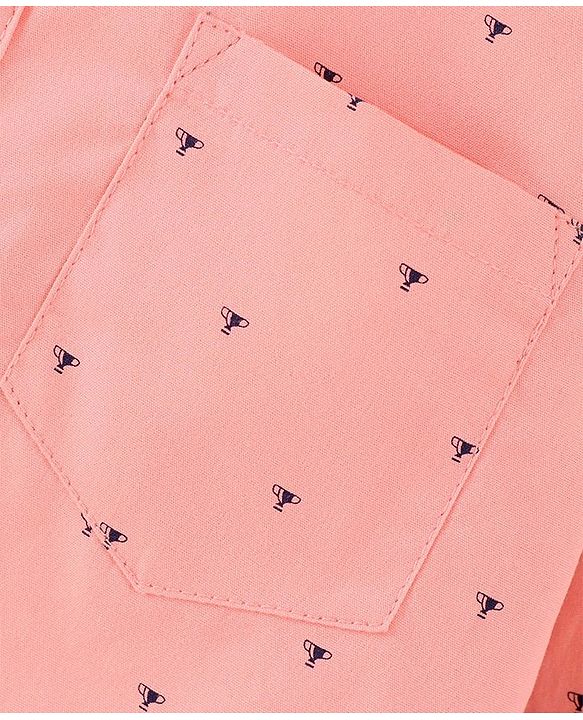 Babyhug Full Sleeves Party Wear Shirt With Bow Trophy Print - Peach