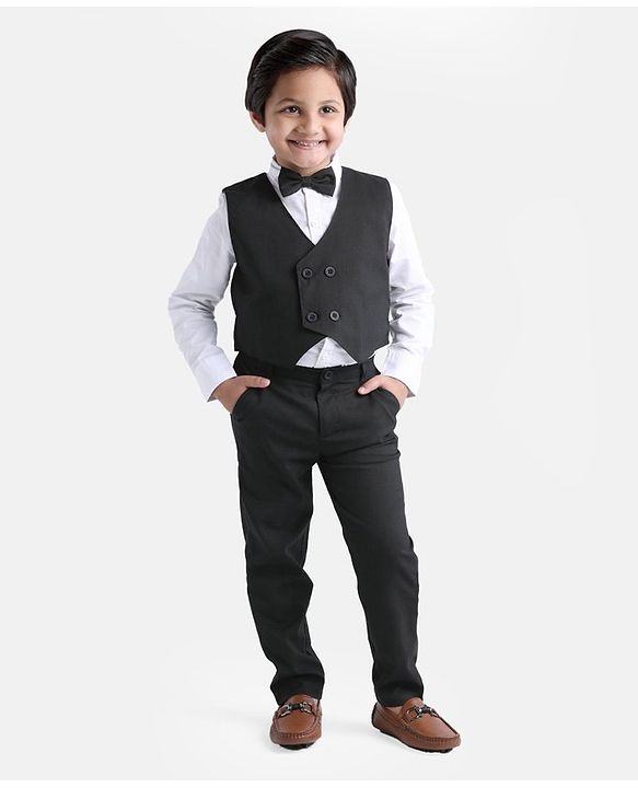 Babyhug WovenCotton Full Sleeves Shirt & Trousers With Waistcoat & Bow - Black