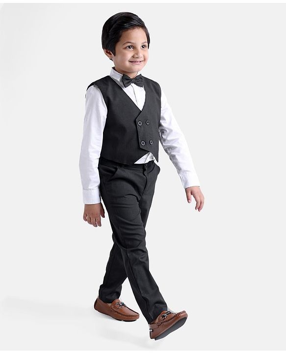 Babyhug WovenCotton Full Sleeves Shirt & Trousers With Waistcoat & Bow - Black