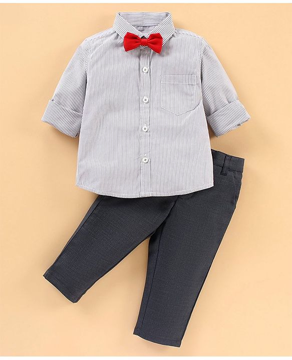 Babyhug Woven Full Sleeves Shirt & Trouser With Bow - Grey