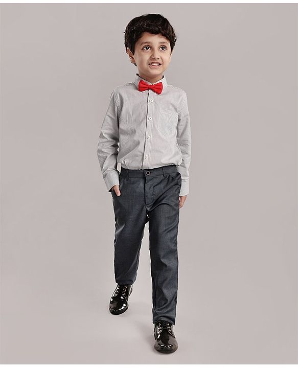Babyhug Woven Full Sleeves Shirt & Trouser With Bow - Grey
