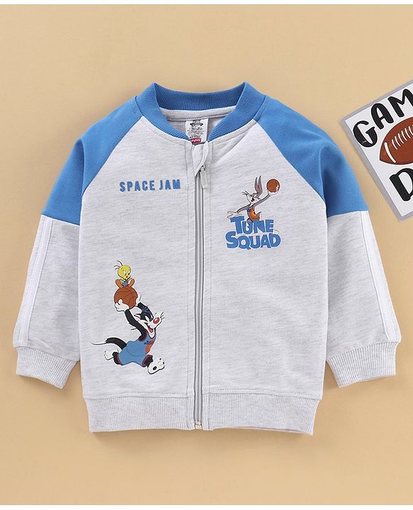 Babyhug Raglan Full Sleeves Front Open SPACE JAM Sweat Jacket with Looney Tunes Print - Grey