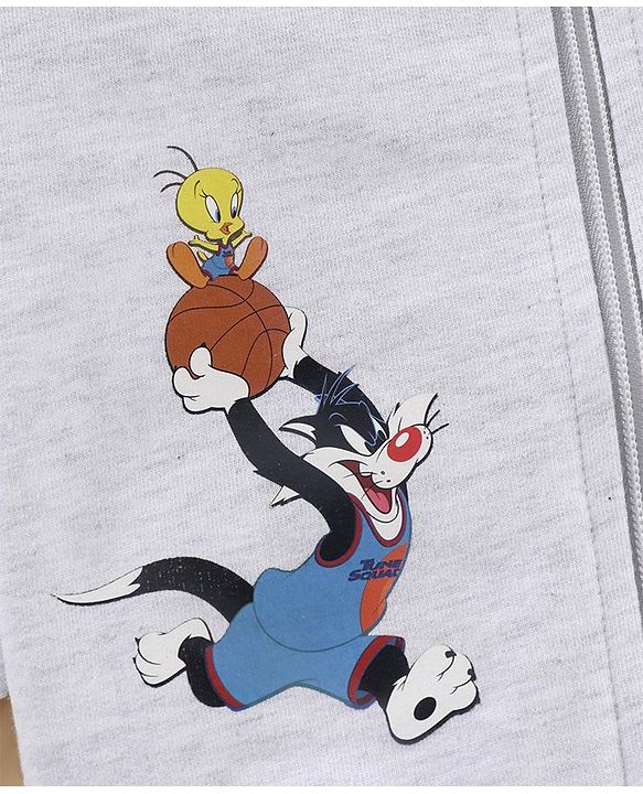 Babyhug Raglan Full Sleeves Front Open SPACE JAM Sweat Jacket with Looney Tunes Print - Grey