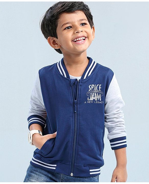 Babyhug Full Sleeves SPACE JAM Bomber Sweat Jacket with Foil Print - Navy Blue