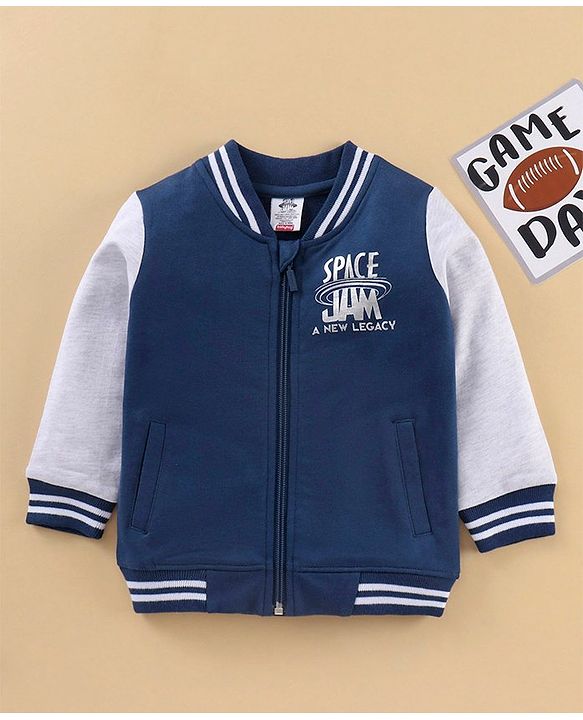 Babyhug Full Sleeves SPACE JAM Bomber Sweat Jacket with Foil Print - Navy Blue