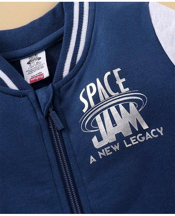 Babyhug Full Sleeves SPACE JAM Bomber Sweat Jacket with Foil Print - Navy Blue