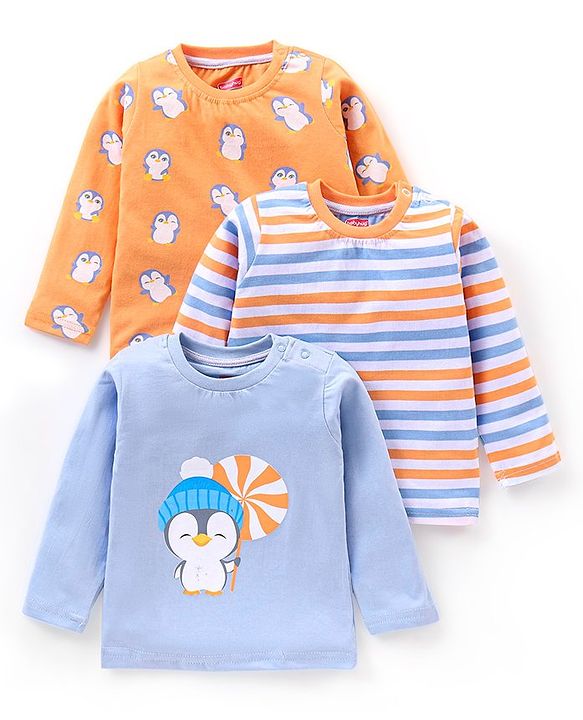 Babyhug Full Sleeves T-Shirt Penguin Print Pack of 3 - Orange & Blue