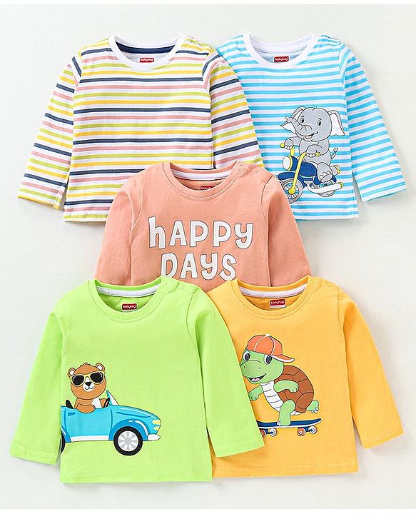 Babyhug Cotton Full Sleeves T-Shirt Striped Pack of 5 - Green & Blue
