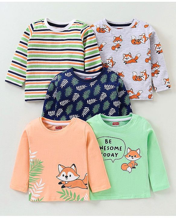 Babyhug Cotton Full Sleeves T-Shirt Fox Print Pack of 5 - Blue & Orange