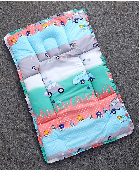 Babyhug Cotton Fix Pillow Mat With Car Print - Blue| Soft and Comfortable|  Light Weight and Travel Friendly| Foldable| New Born Gifting Option| For Boys and Girls| Use on Floor Cribs Cots or Cradle| 100% Cotton Fabric