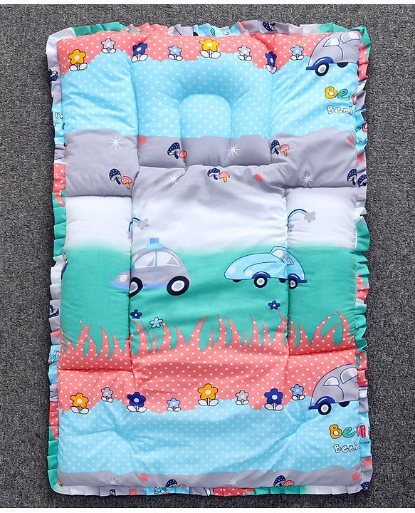 Babyhug Cotton Fix Pillow Mat With Car Print - Blue| Soft and Comfortable|  Light Weight and Travel Friendly| Foldable| New Born Gifting Option| For Boys and Girls| Use on Floor Cribs Cots or Cradle| 100% Cotton Fabric