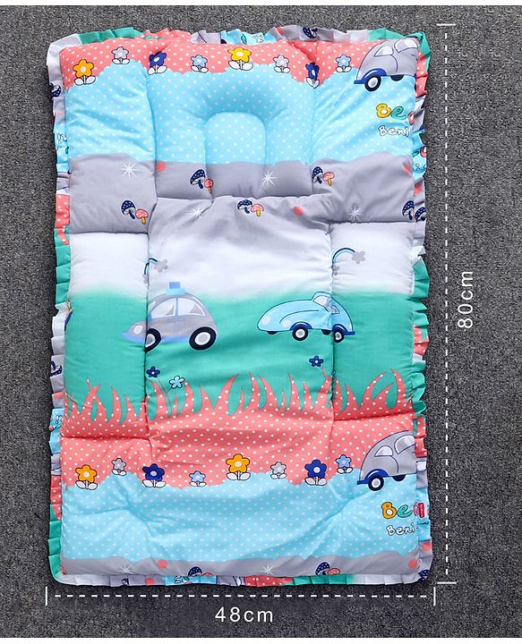 Babyhug Cotton Fix Pillow Mat With Car Print - Blue| Soft and Comfortable|  Light Weight and Travel Friendly| Foldable| New Born Gifting Option| For Boys and Girls| Use on Floor Cribs Cots or Cradle| 100% Cotton Fabric