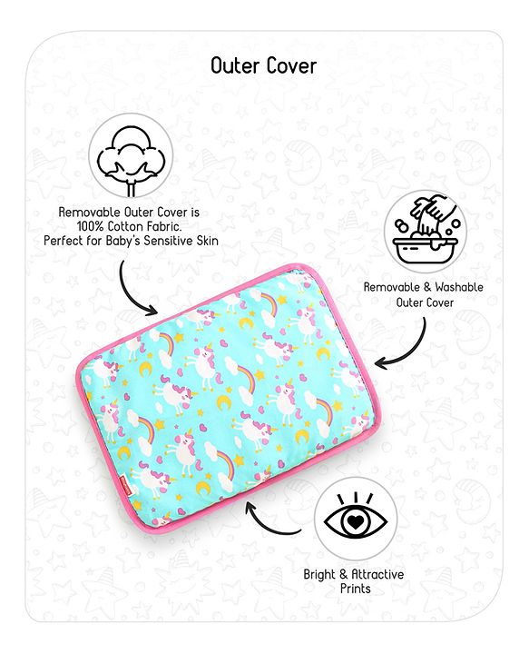 Babyhug Head Shaping Mustard Seed Rai Pillow Unicorn Print - Sea Green