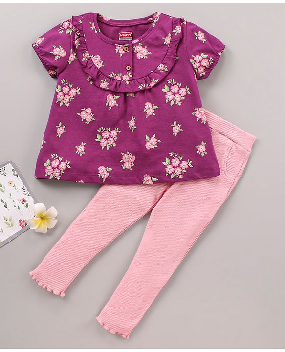 Babyhug 100% Cotton Half Sleeves Top and Lounge Pants Floral Print & Frill Detailing - Purple Pink