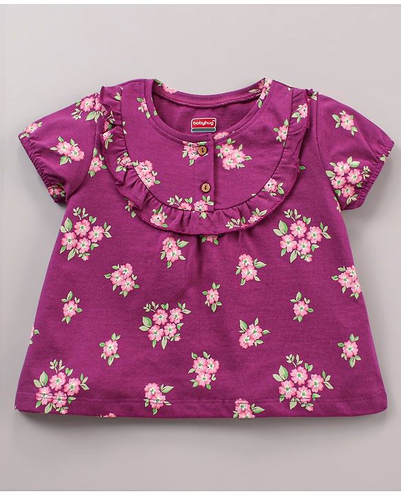 Babyhug 100% Cotton Half Sleeves Top and Lounge Pants Floral Print & Frill Detailing - Purple Pink