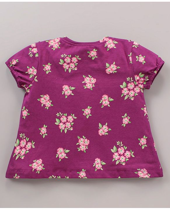Babyhug 100% Cotton Half Sleeves Top and Lounge Pants Floral Print & Frill Detailing - Purple Pink