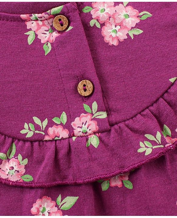 Babyhug 100% Cotton Half Sleeves Top and Lounge Pants Floral Print & Frill Detailing - Purple Pink