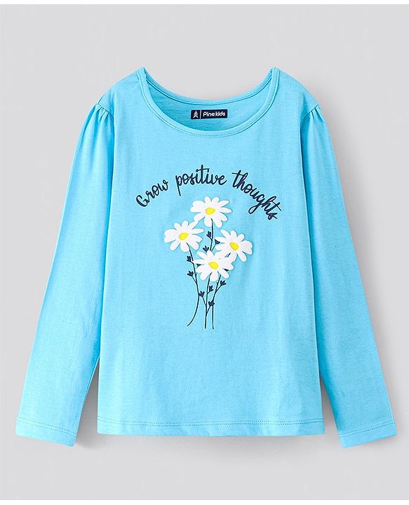 Pine Kids Cotton Knit Full Sleeves T shirt with Flower Print - Blue
