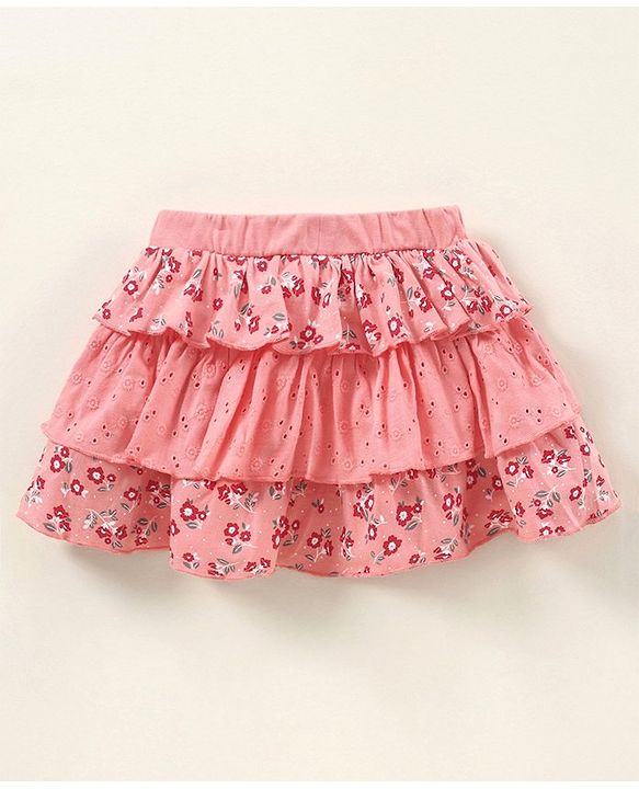 Babyhug Knit Mid Thigh Floral Printed Skirt With Bow Applique - Pink