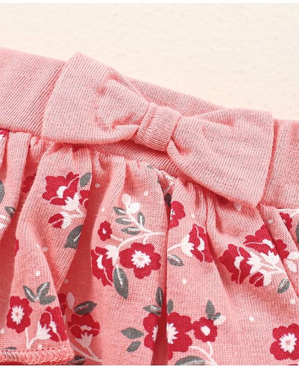 Babyhug Knit Mid Thigh Floral Printed Skirt With Bow Applique - Pink