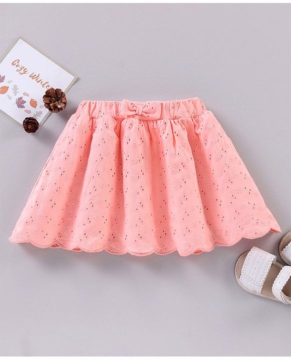Babyhug Mid Thigh Length Knit Skirt With Schiffli Detailing & Bow Applique- Pink