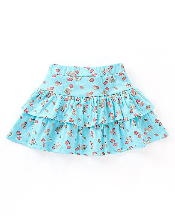Babyhug Mid Thigh Layered Skirt Floral Glitter Print with Bow - Blue