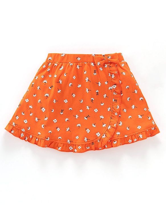 Babyhug Cotton Knee Length Frill Skirt And Divider Floral Print - Orange