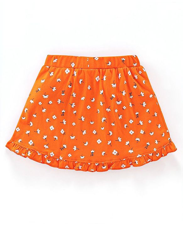 Babyhug Cotton Knee Length Frill Skirt And Divider Floral Print - Orange