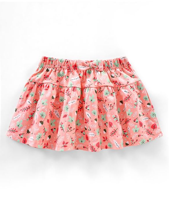Babyhug Knit Mid Thigh Skirt Floral Print With Bow - Light Pink