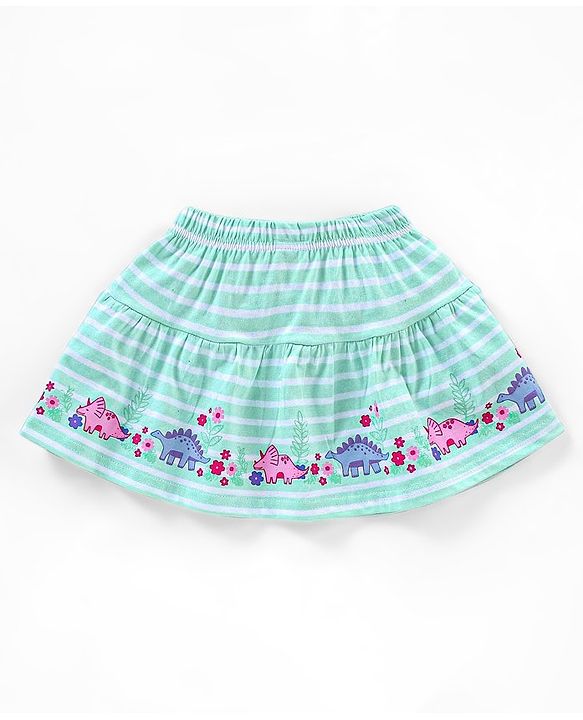 Babyhug Cotton Knit Mid Thigh Length Skirt Stripes & Dino Print- Green & White
