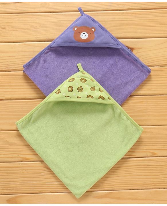 Babyhug Double Layer Terry Hooded Towel Bear Print Pack of 2 - Green Purple