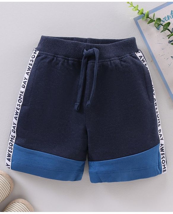 Babyhug Knit Knee Length Text Printed Shorts - Navy Blue