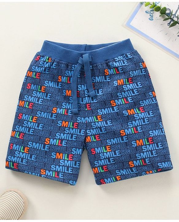 Babyhug Cotton Knit Knee Length Shorts Text Print - Blue