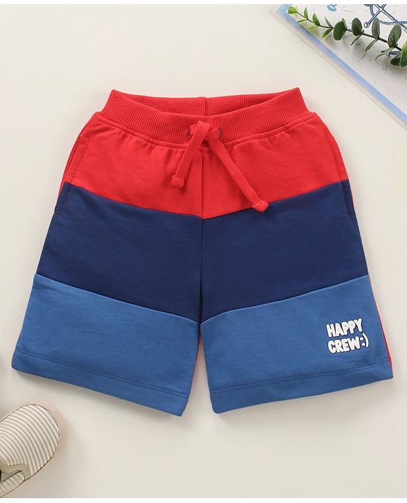 Babyhug Cotton Knit Knee Length Shorts Colour Block & Text Print - Red Navy Blue