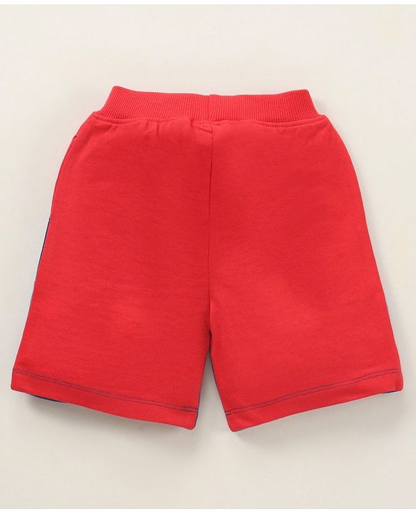 Babyhug Cotton Knit Knee Length Shorts Colour Block & Text Print - Red Navy Blue