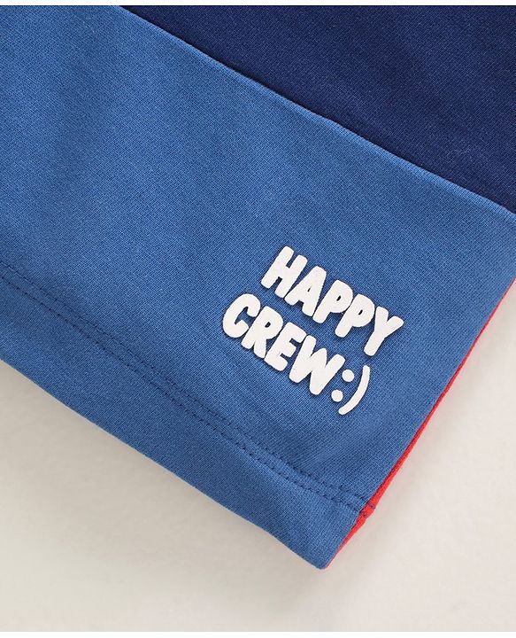 Babyhug Cotton Knit Knee Length Shorts Colour Block & Text Print - Red Navy Blue