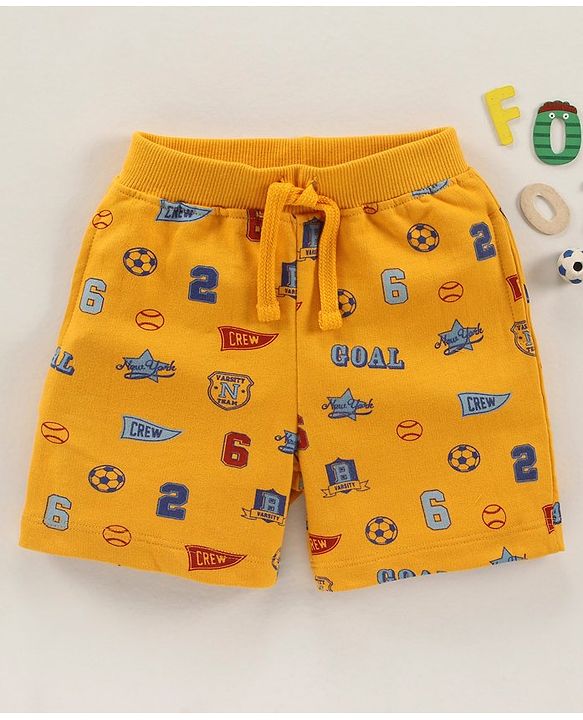 Babyhug Cotton Knit Knee Length Shorts Football Printed - Yellow