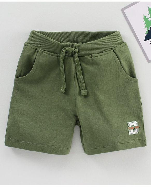 Babyhug Cotton Knit Knee Length Shorts Text Patch - Olive Green