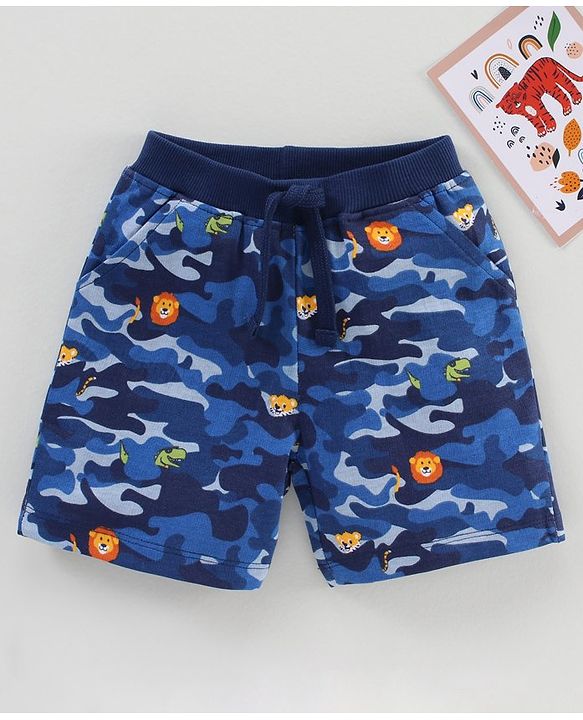 Babyhug Cotton Knit Knee Length Shorts Camo & Animal Print - Blue